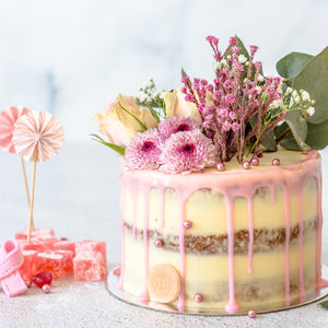 Full flower bouquet semi-naked drip cake
